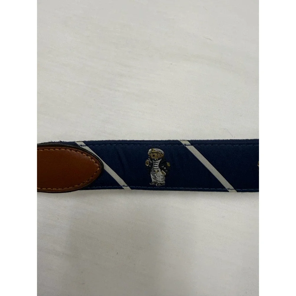 Polo Ralph Lauren Polo Bear Silk/Nylon Belt Navy Blue Brown Leather Size 36